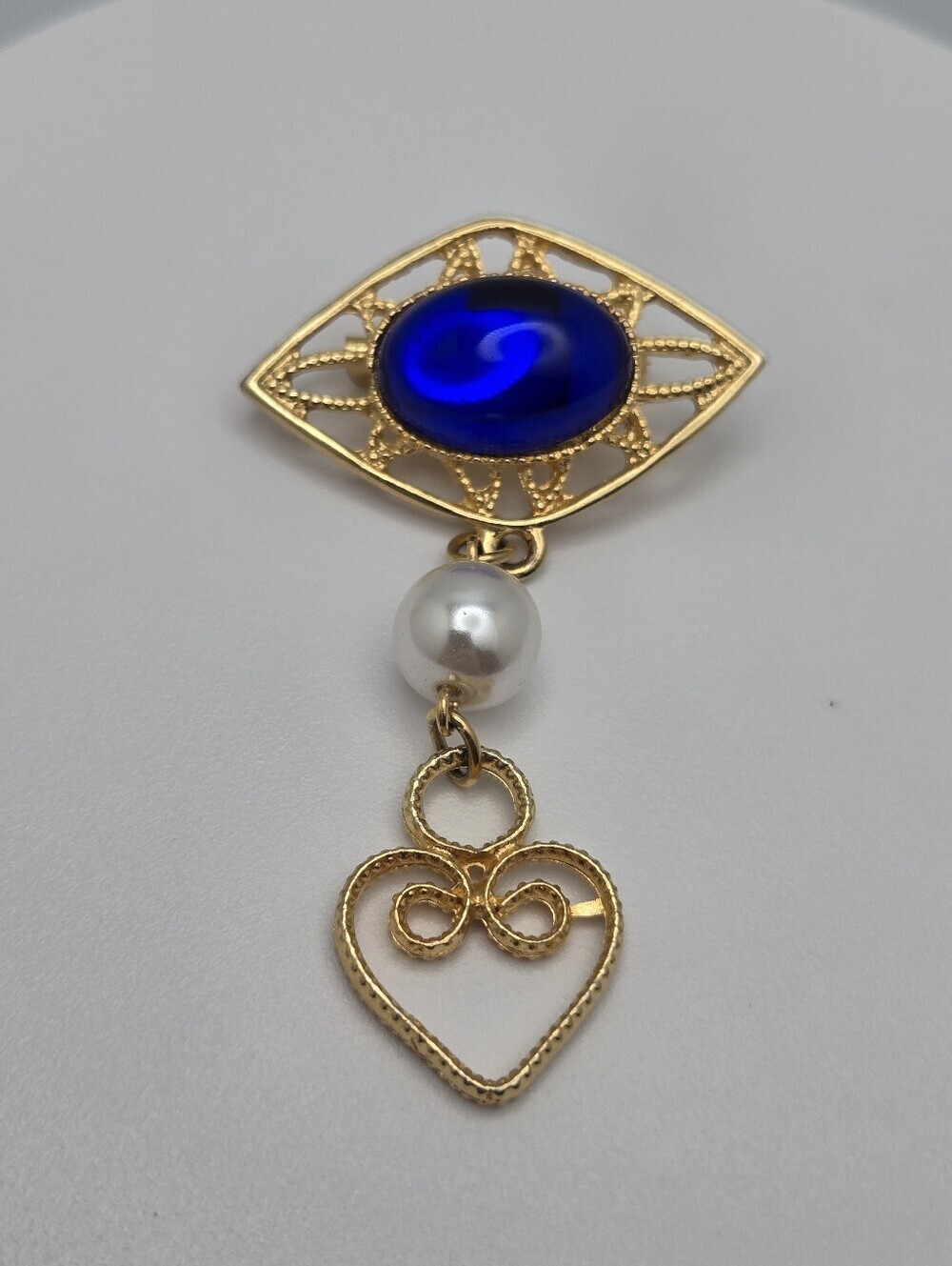 Blue Cabochon Dangle Brooch Victorian Revival Heart Drop Pin 2.5" Vintage